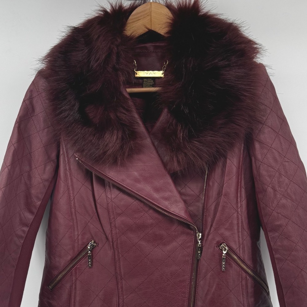 IMAN Burgundy Quilted Real Leather Moto Jacket Faux Fur Collar Women's S NWOT